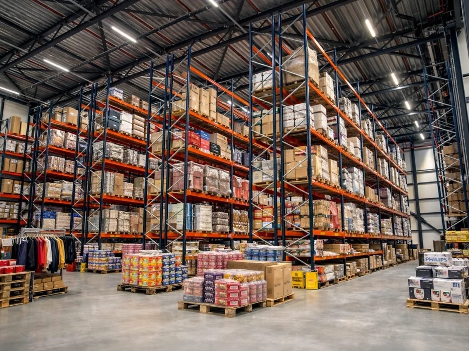 Palletised goods in a distribution warehouse